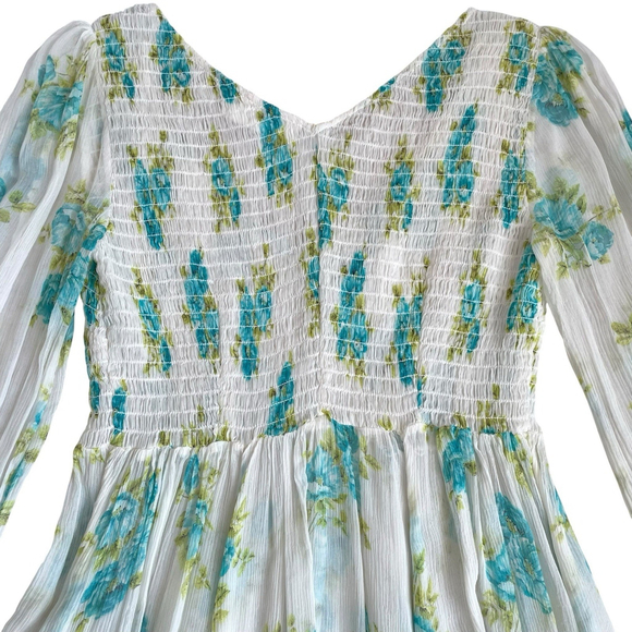 Zimmermann Silk Green White Floral Smocked Babydoll Mini Dress Size 1 M No Liner - Picture 13 of 16